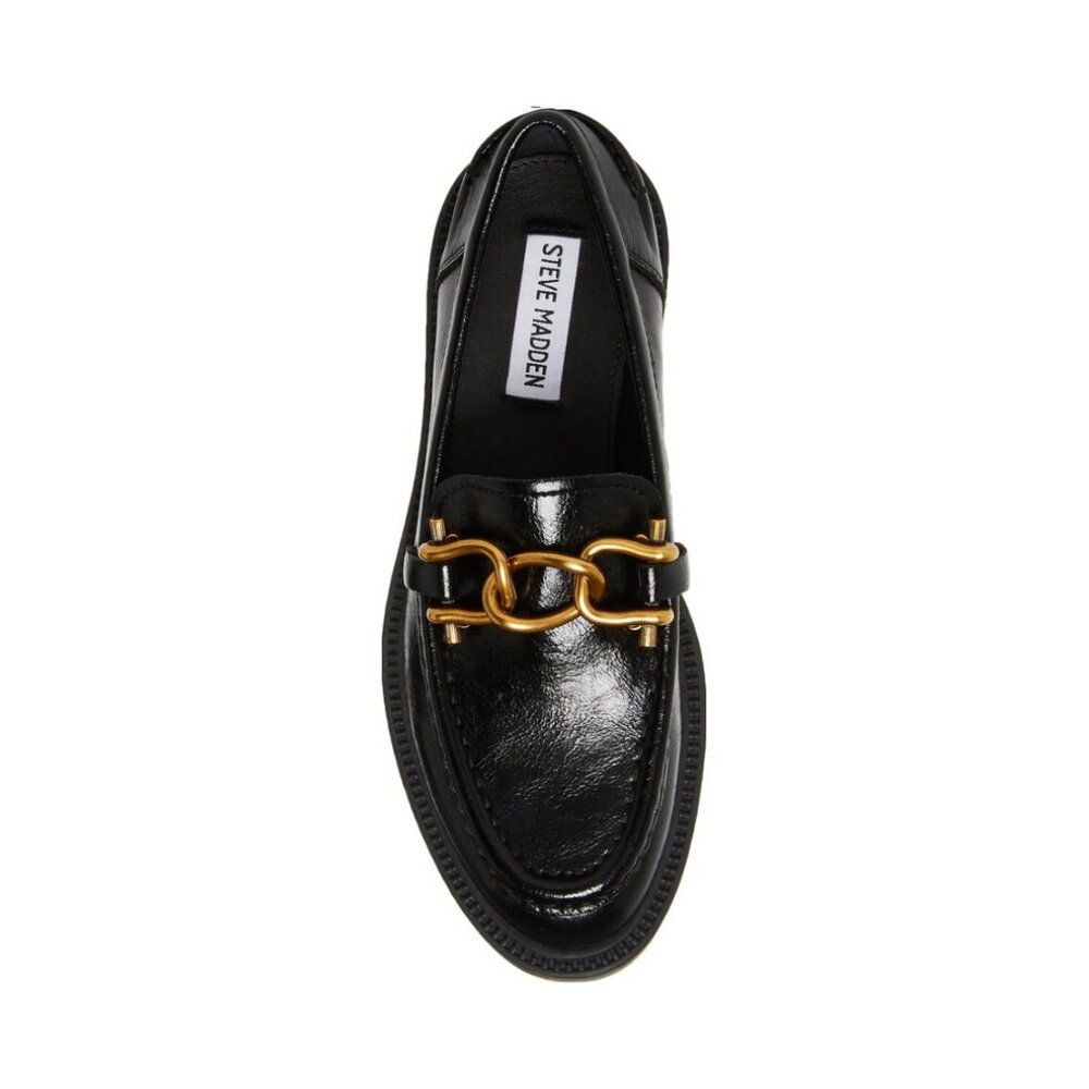 Steve Madden Black Leather Chain-Trim Loafers - Picture 2 of 16